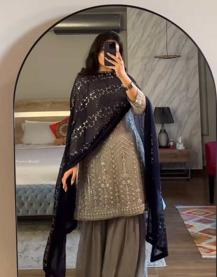 Designer Heavy Faux Georgette Embroidered Gharara Set with Dupatta – Ready to Wear