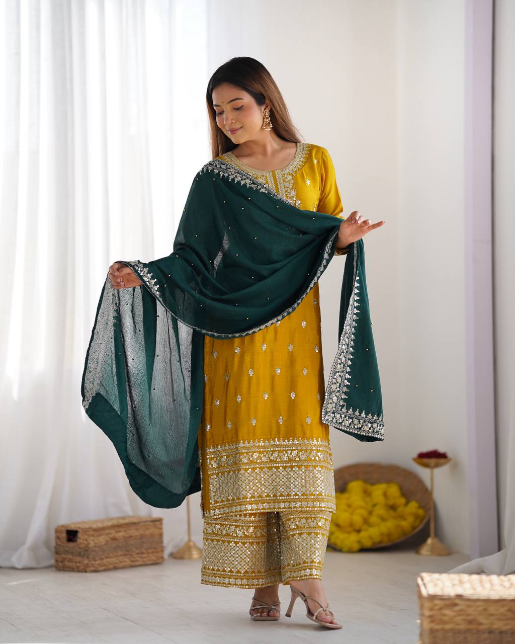 Chinnon Silk Heavy Embroidered Yellow Suit Set with Dupatta – Fully Stitched Ready to Wear