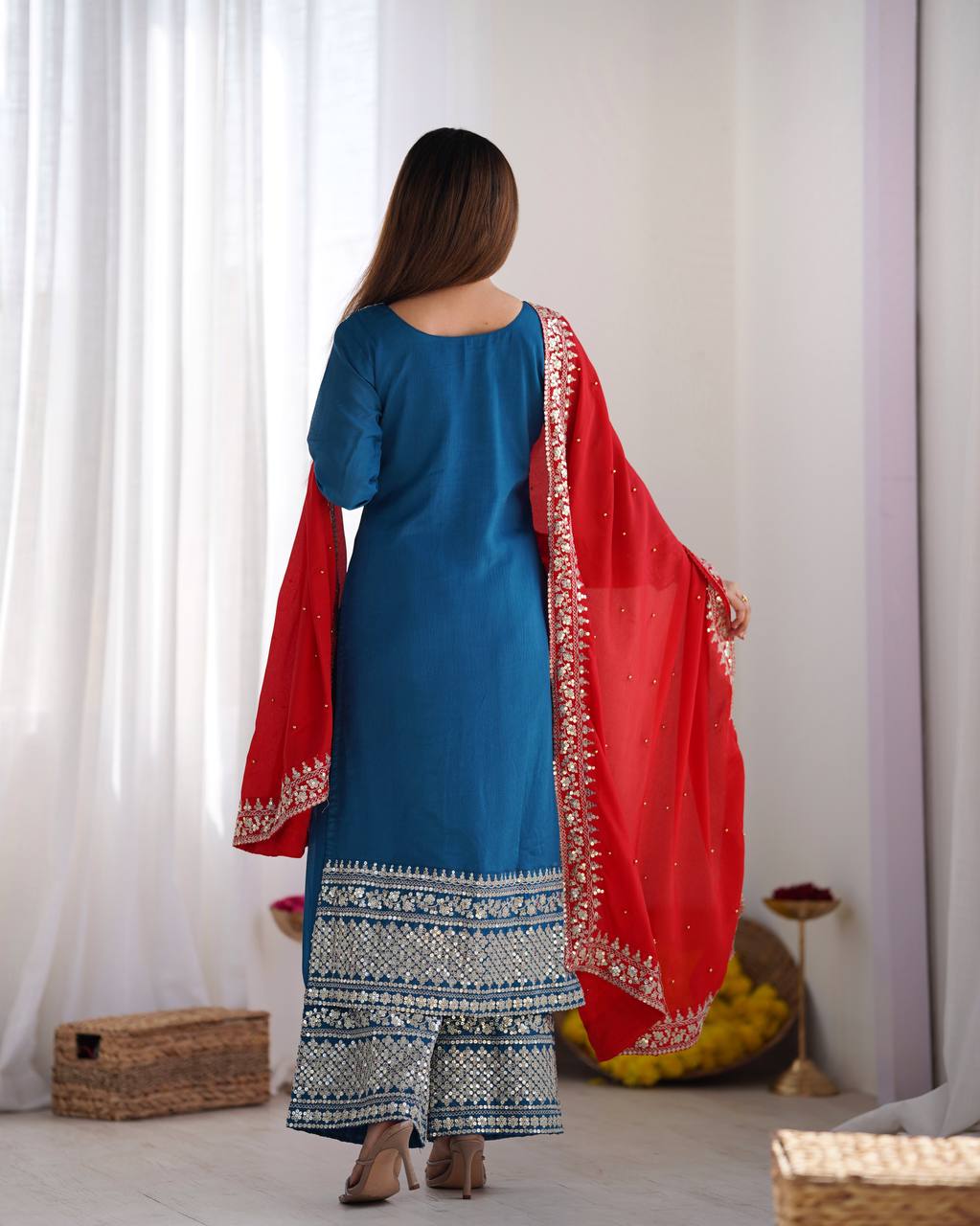 Chinnon Silk Heavy Embroidered Blue Suit Set with Dupatta – Fully Stitched Ready to Wear