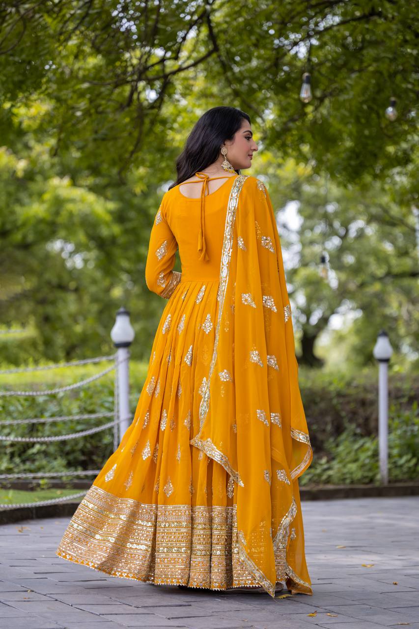 Faux Georgette Embroidered Gown Set with Dupatta – Fully Stitched Designer Ethnic Wear for Women