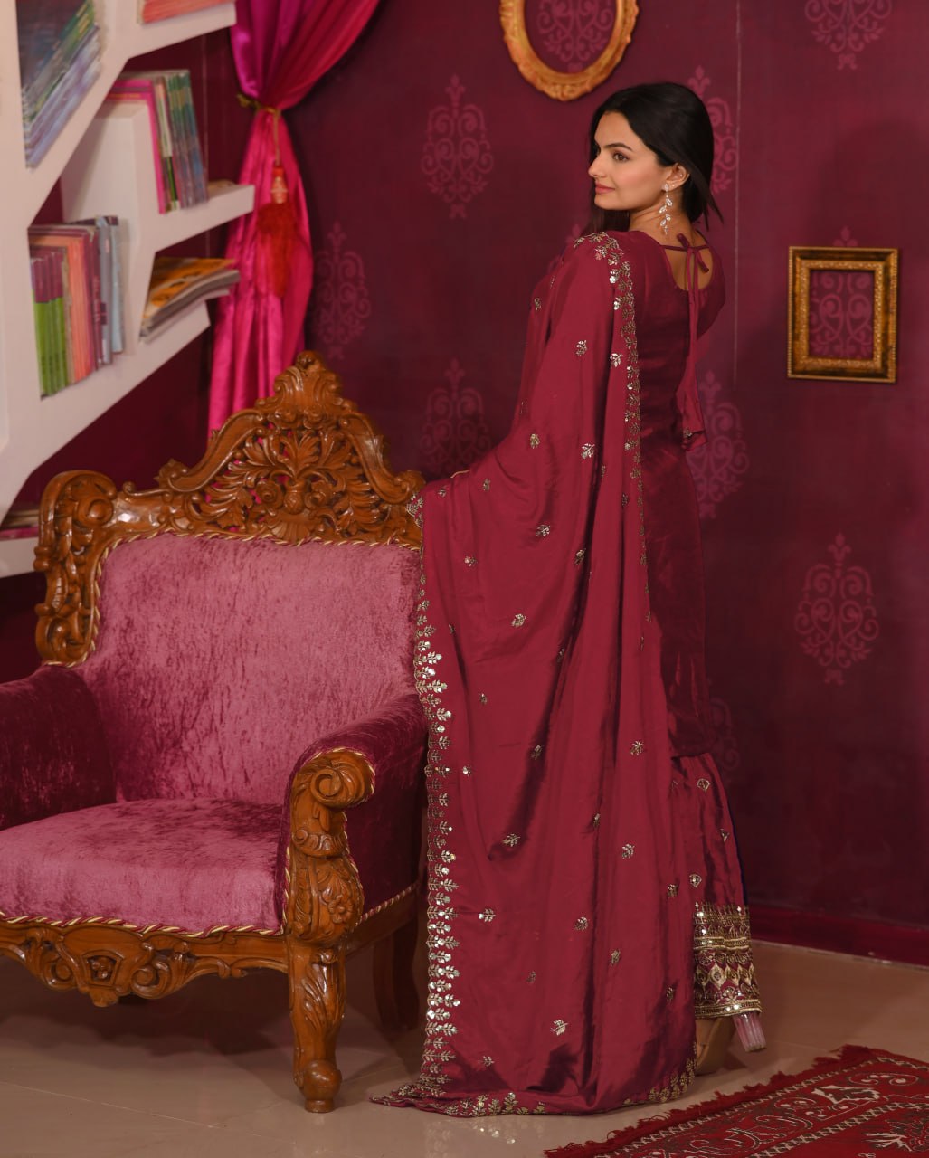 Chinon Embroidered Maroon Sharara Suit Set with Dupatta – Fully Stitched Ethnic Wear for Women