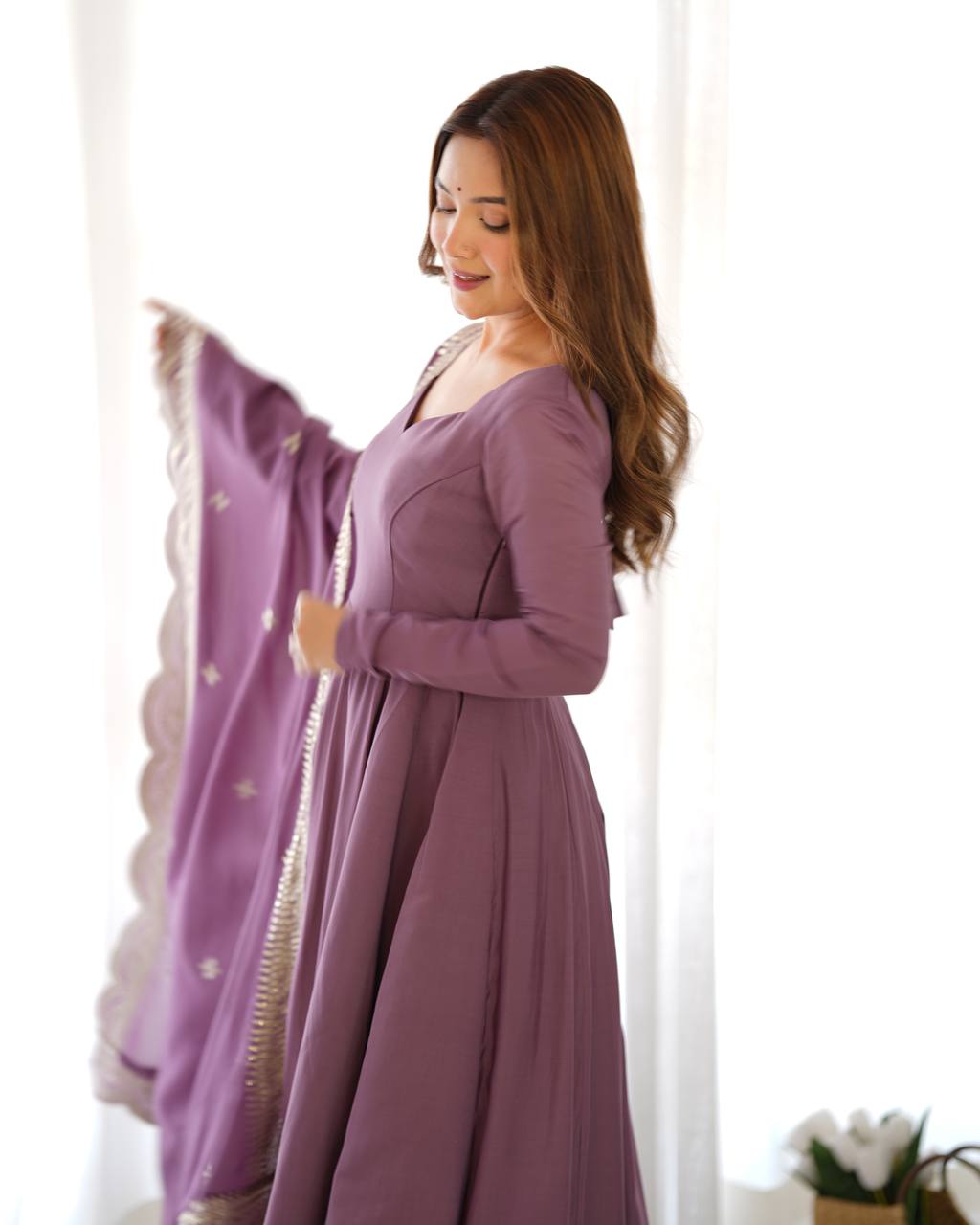 Elegant 16 Kali Romansilk Chanderi Lavender Anarkali Set with Embroidery Dupatta