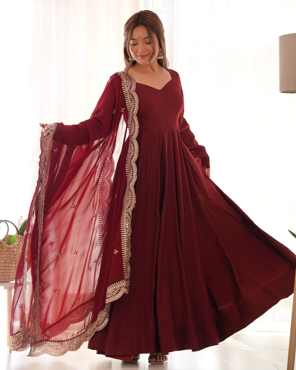 Elegant 16 Kali Romansilk Chanderi Maroon Anarkali Set with Embroidery Dupatta