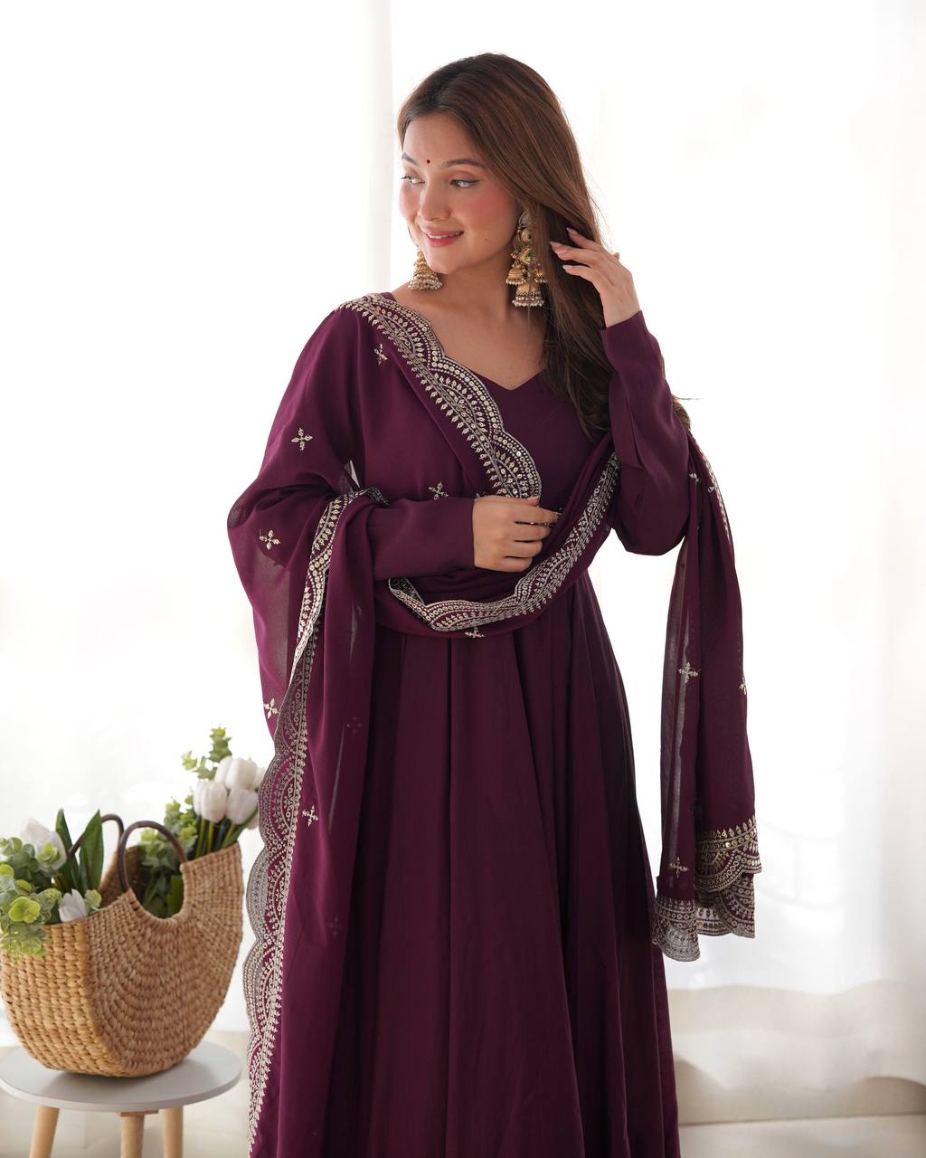 Elegant 16 Kali Romansilk Chanderi Wine Purple Anarkali Set with Embroidery Dupatta