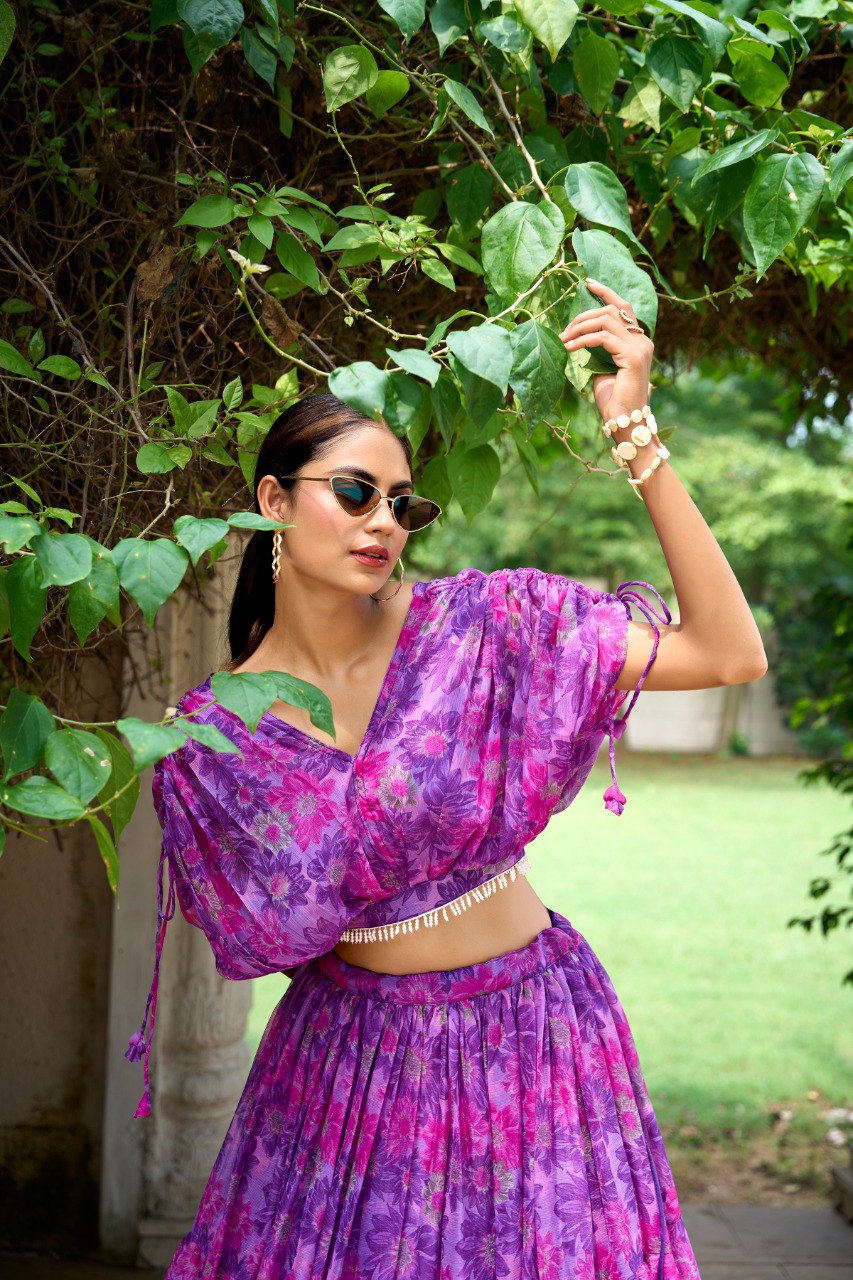 Elegant Floral Print Chiffon Purple Lehenga Set for Women