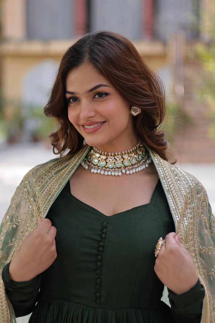 Elegant Shimmer Vichitra Silk Gown with Sequins Embroidery and Fendi Dupatta Set