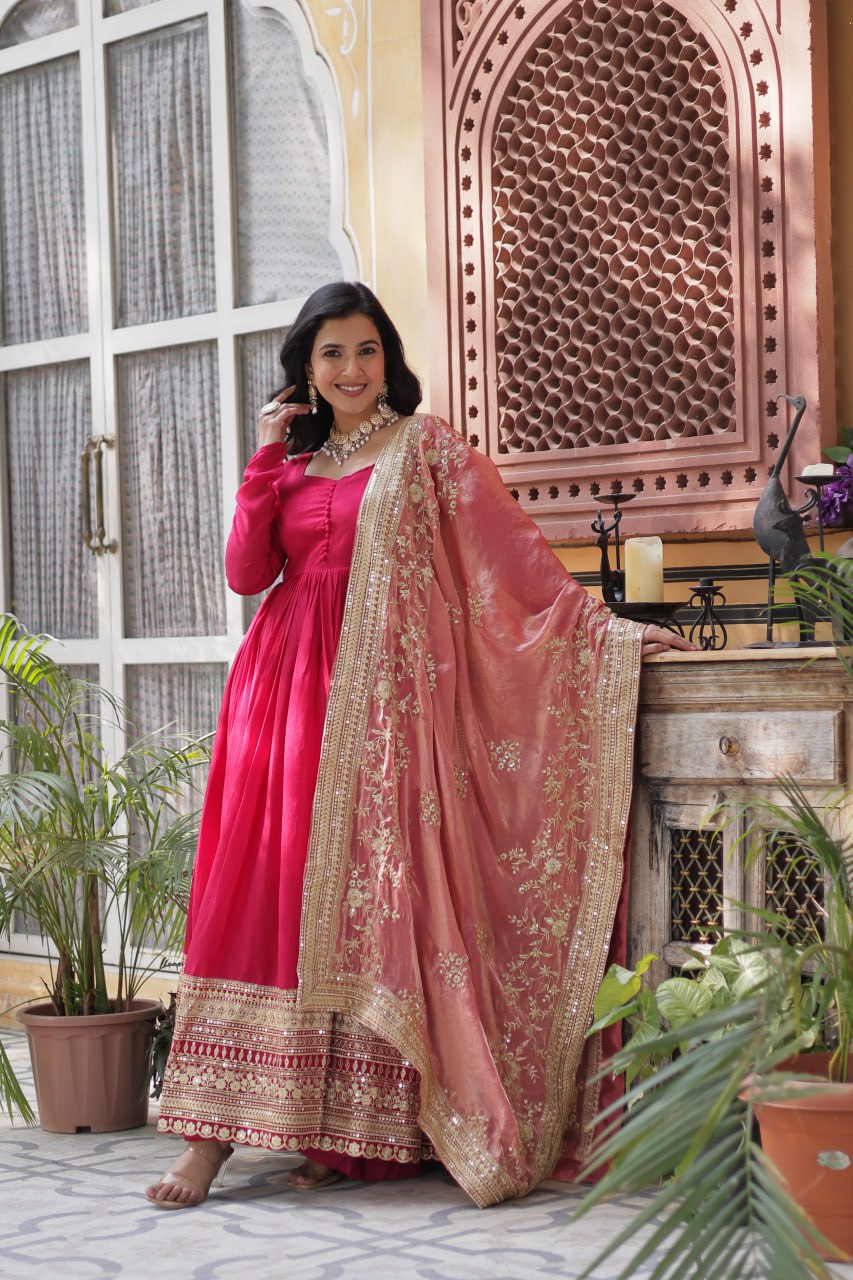Elegant Shimmer Vichitra Silk Pink Gown with Sequins Embroidery and Fendi Dupatta Set