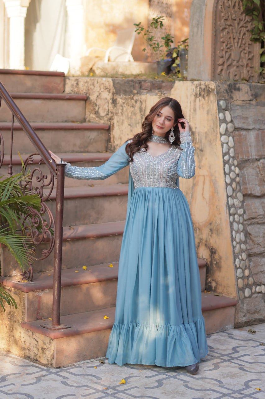 Star Georgette Embroidered Beads Sequins Work Blue Gown with Dupatta Set