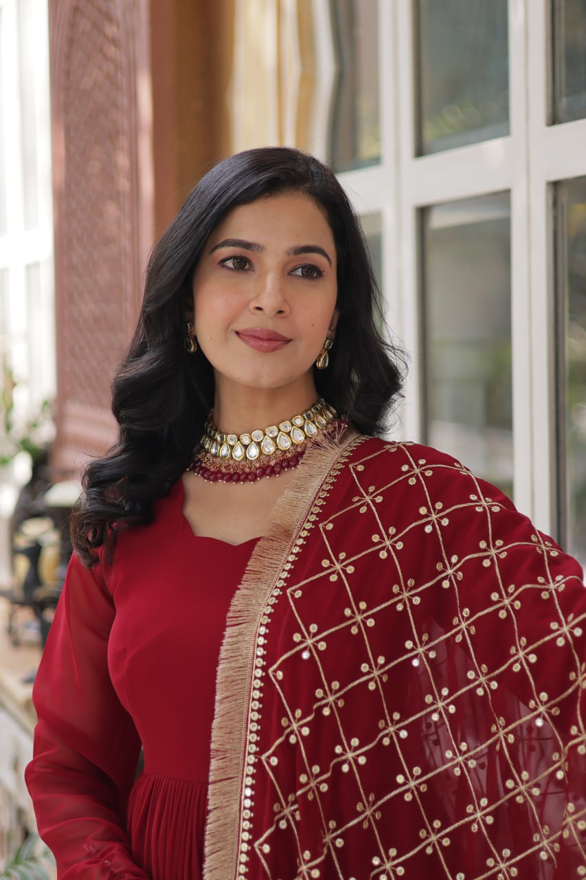 Faux Blooming Maroon Gown with Zari Sequins Embroidery and Designer Dupatta