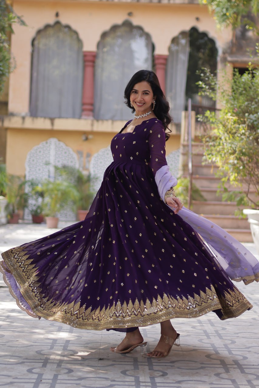 Luxury Faux Blooming Embroidered Zari Sequins Gown with Tabby Silk Cutwork Dupatta