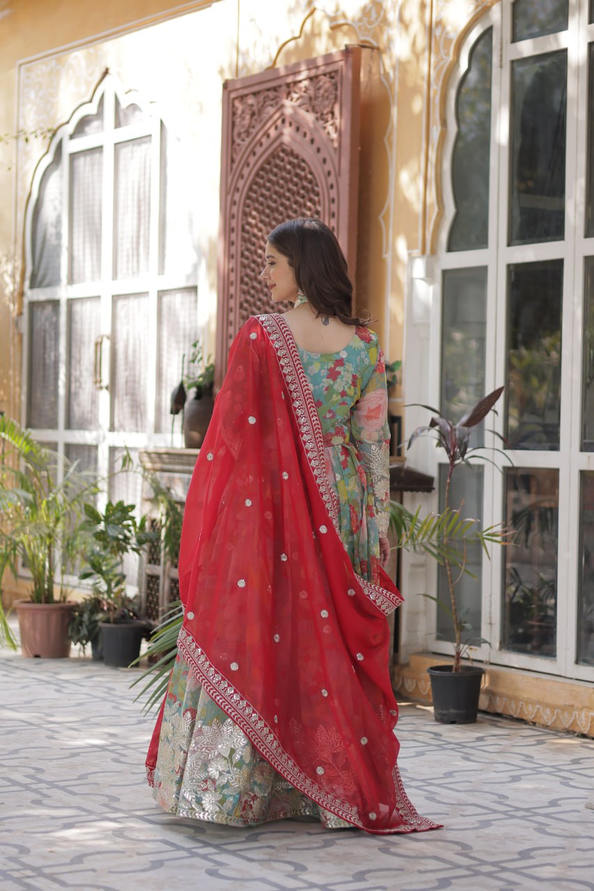 Digital Printed Russian Silk Top with Foil Embroidery Zari Sequins Work and Designer Lace Border Dupatta