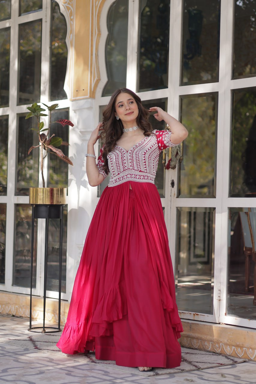 Designer Star Georgette Pink Kurti with Lehenga Set Embellished with Beads and Sequins Work