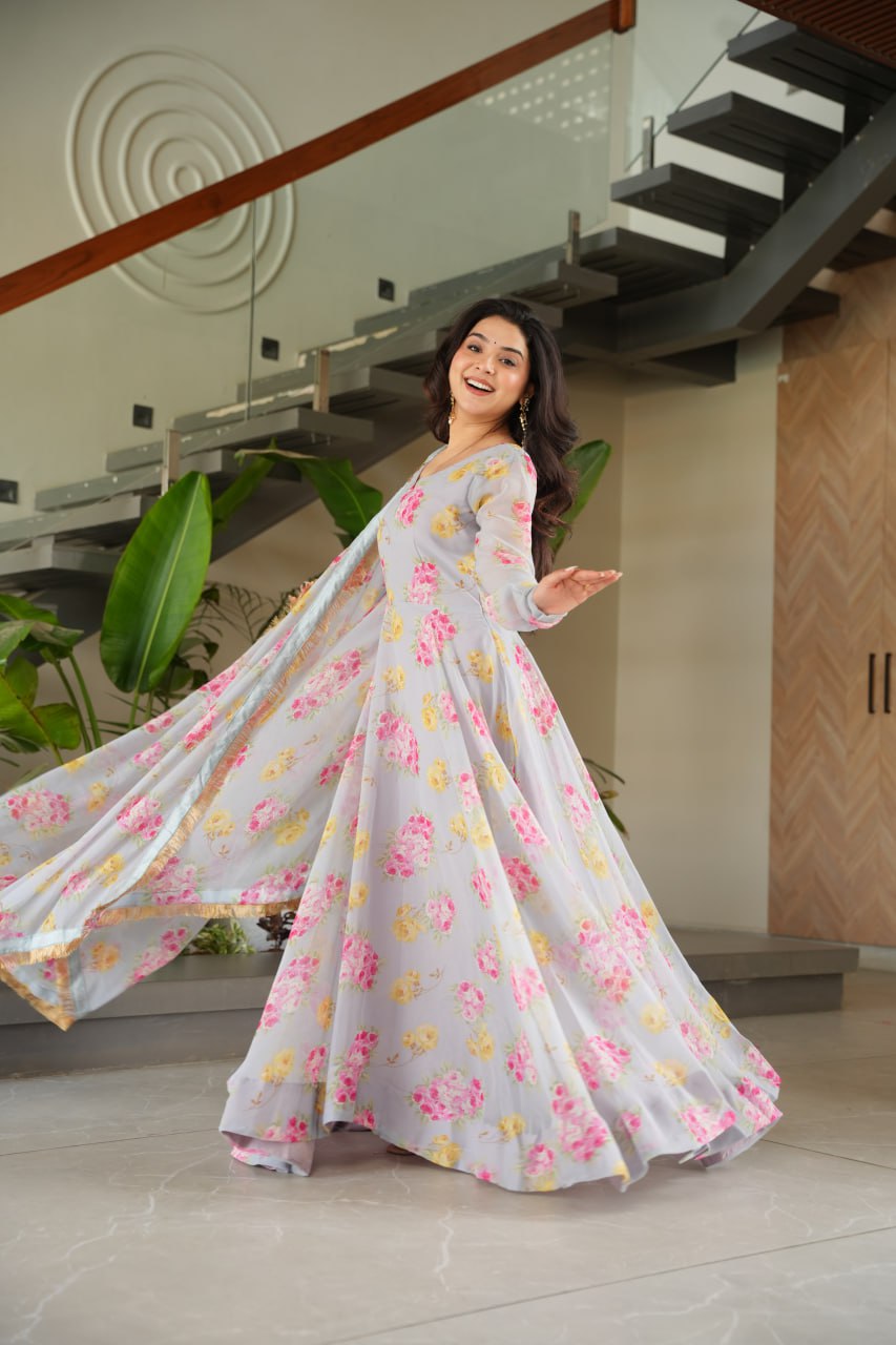 Elegant Faux Georgette Floral Digital Print Gown with Dupatta Set