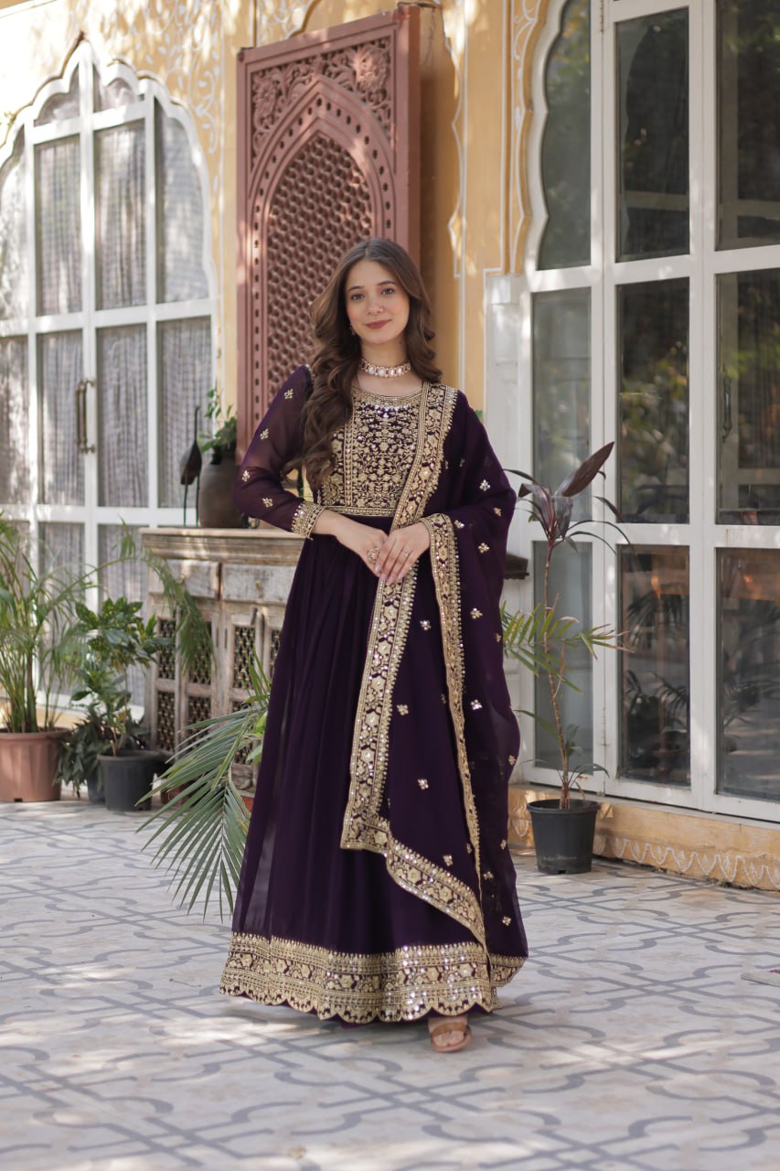 Premium Faux Blooming Purple Gown Set with Zari Sequins Embroidery and Dupatta