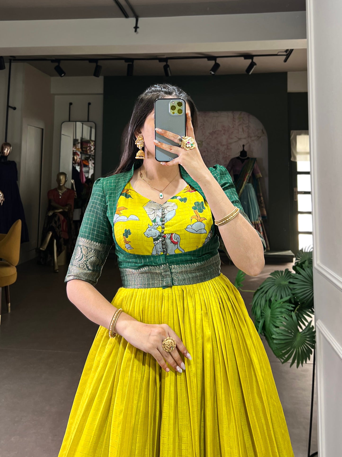 Elegant Dola Silk Kalamkari Print Yellow Gown with Zari Weaving Koti | Ethnic Wear for Women