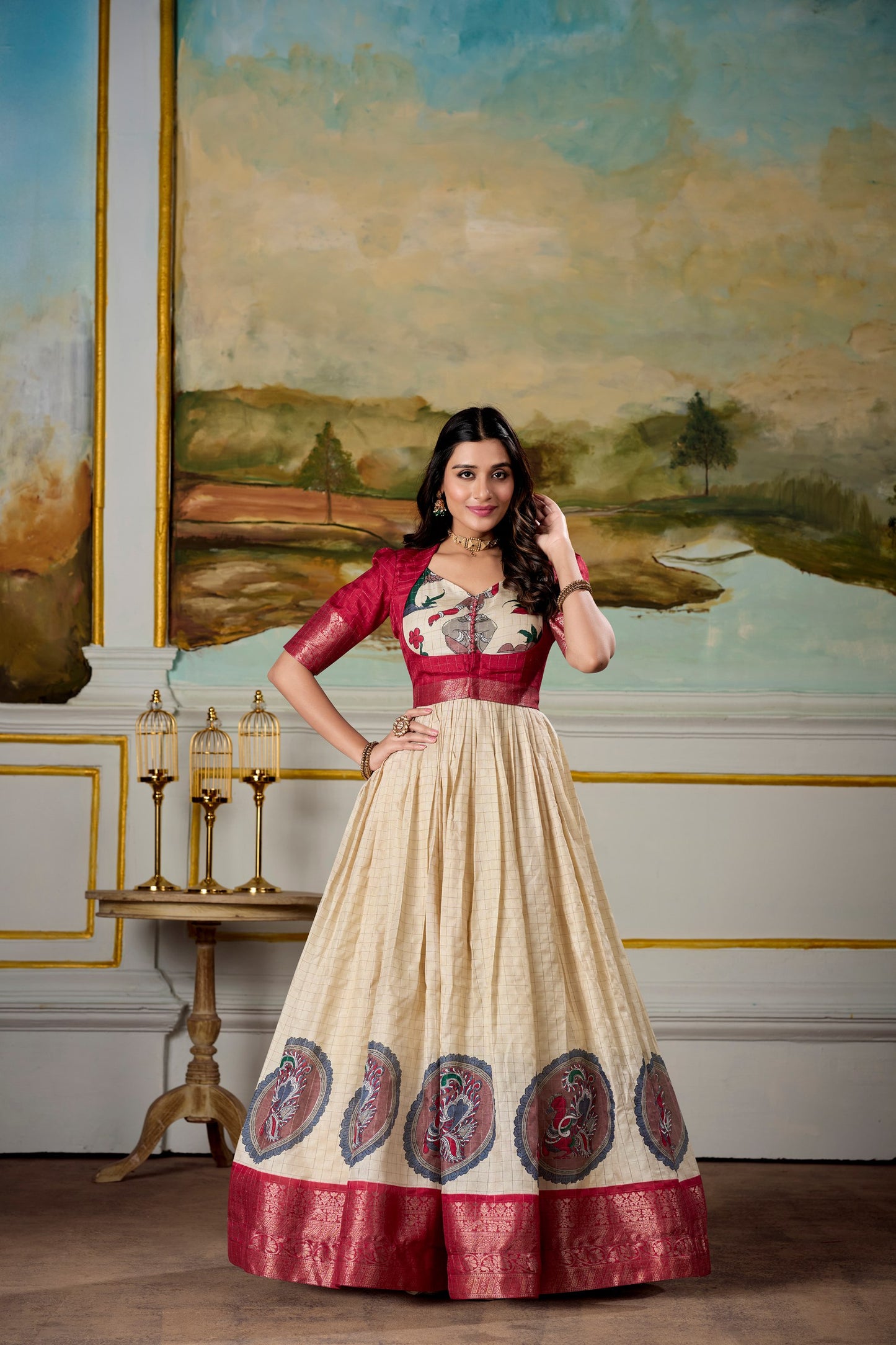 Elegant Dola Silk Kalamkari Print Red Gown with Zari Weaving Koti | Ethnic Wear for Women