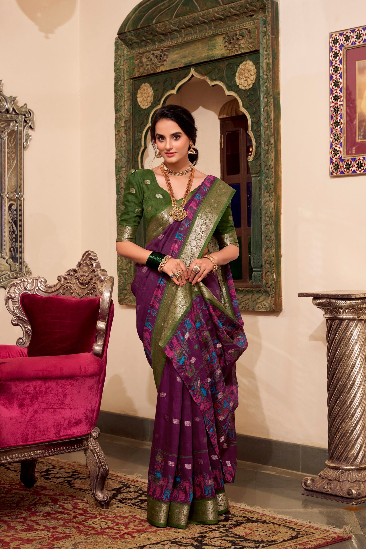 Kalamkari Print Poly Cotton Wine Saree with Zari Weaving Work Border and Blouse