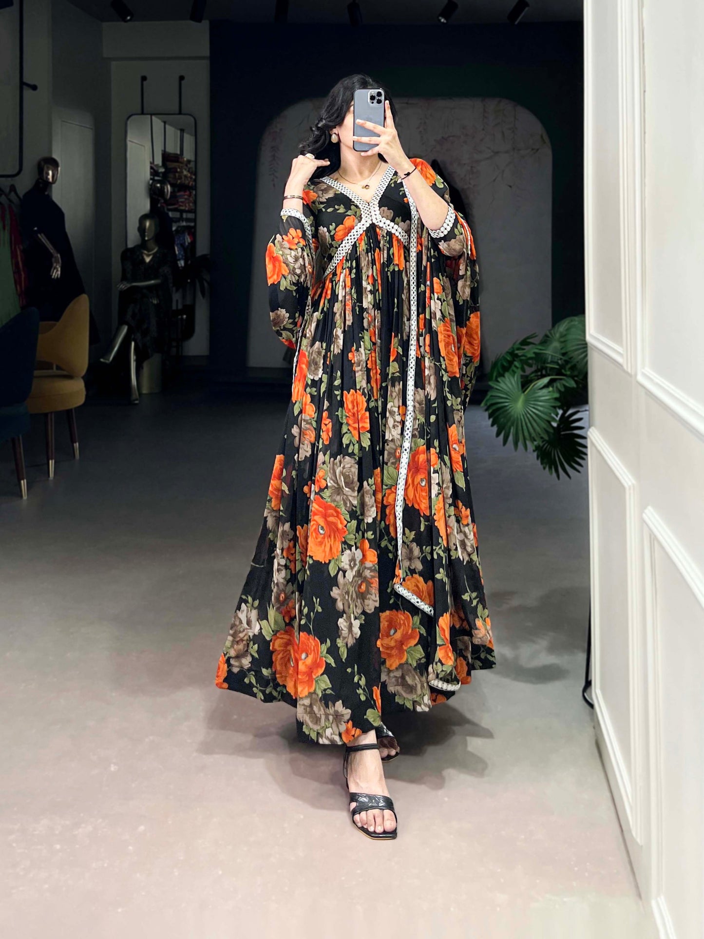 Floral Printed Georgette Orange Gown with Peper Mirror Lace Touch-Up and Dupatta