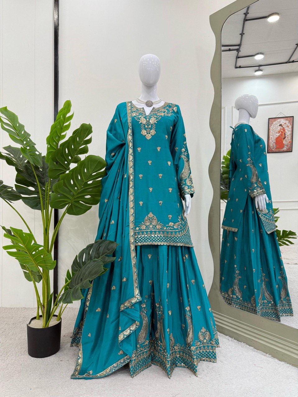 Bottle Green Chinon Silk Thread Work Suit with Sequins and Lace Border Dupatta