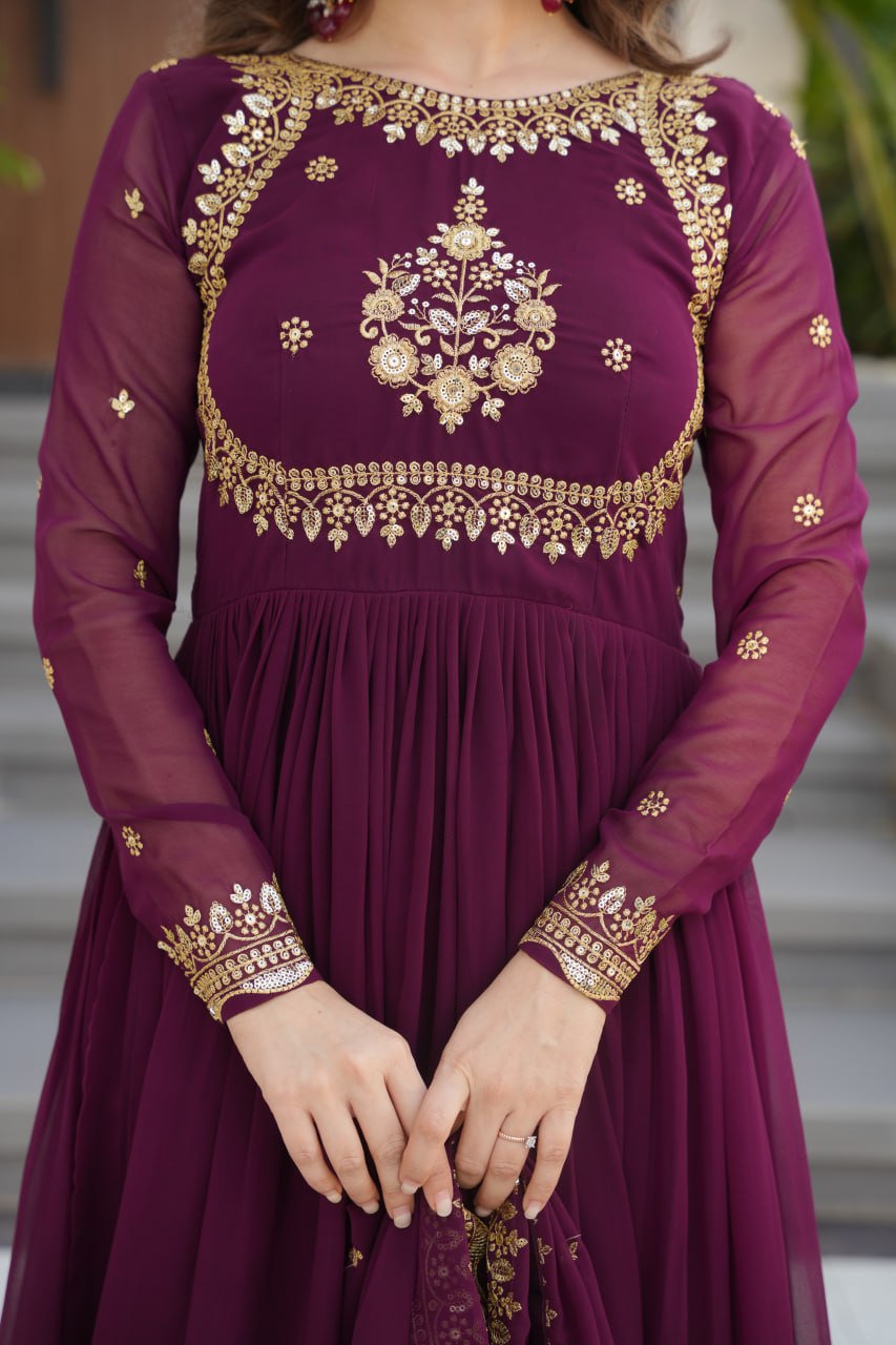 Purple Faux Blooming Georgette Embroidered Gown with Dupatta