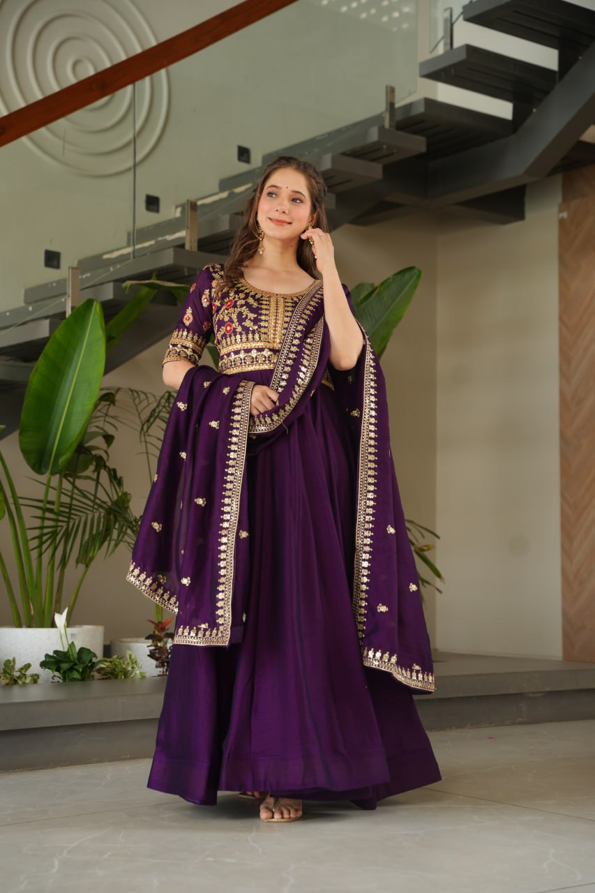 Vichitra Silk Sequins & Zari Embroidered Purple Gown with Dupatta
