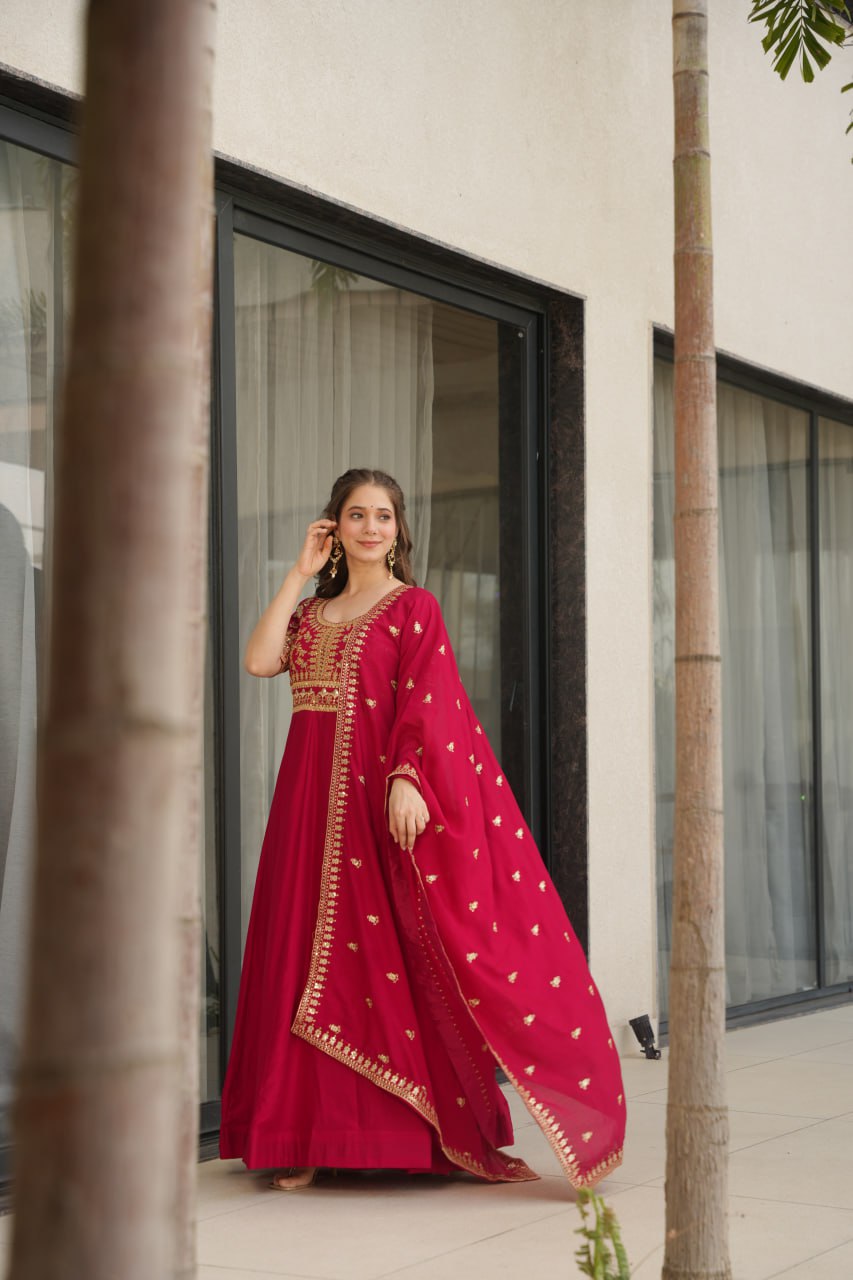Vichitra Silk Sequins & Zari Embroidered Pink Gown with Dupatta