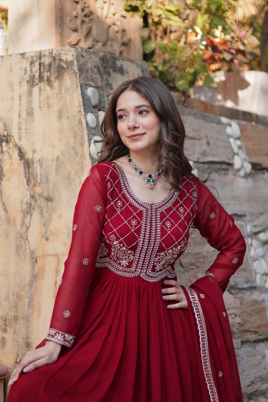Maroon Faux Blooming Sequins & Beads Embroidered Gown with Dupatta