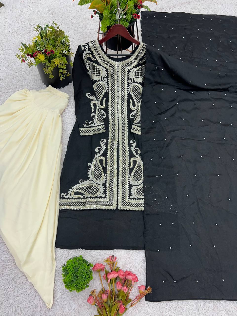 Heavy Black Chinon Silk Embroidered Dhoti Style Suit with Rivet Moti Dupatta – Fully Stitched