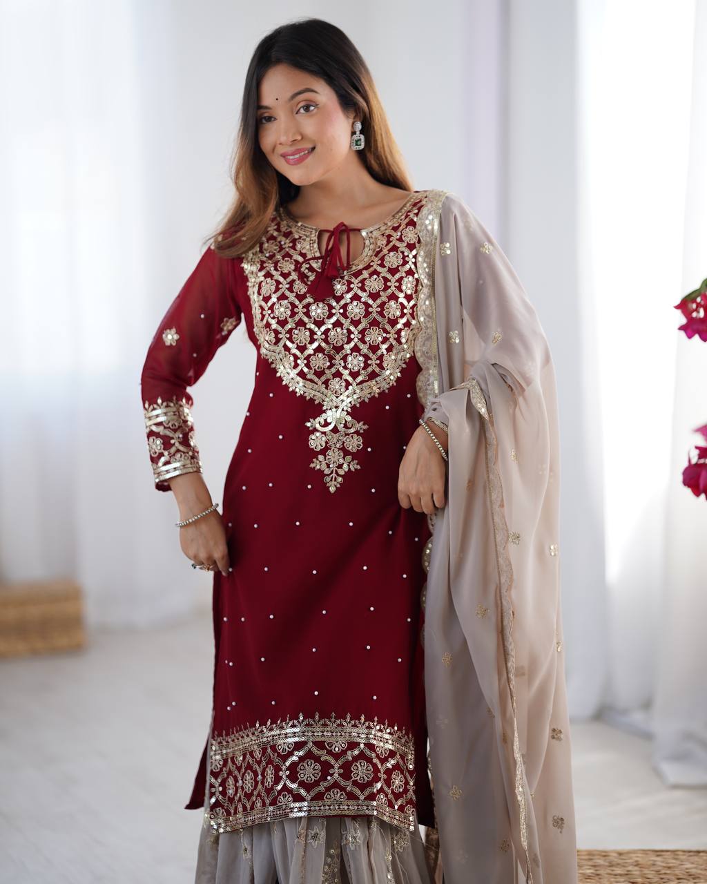 Heavy Maroon Faux Georgette Sharara Suit with 5mm Embroidery Sequence – Fully Stitched Set