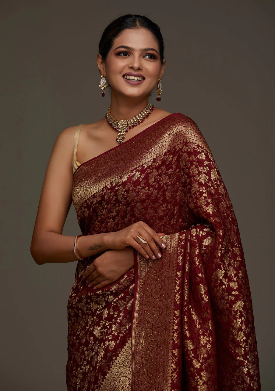 Banarasi Maroon Soft Silk Saree with Jacquard Border Blouse