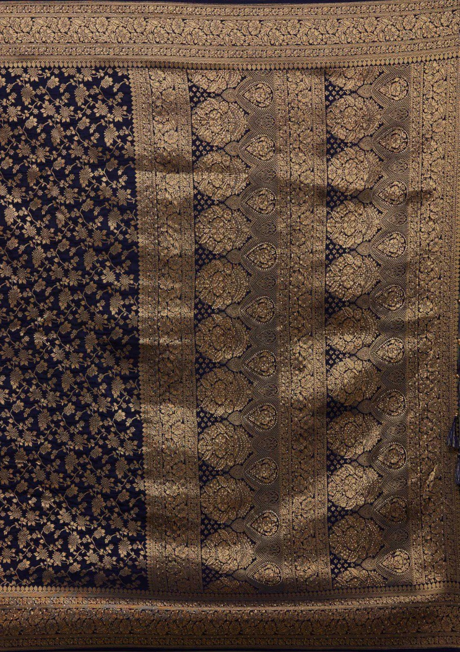Banarasi Navy Blue Soft Silk Saree with Jacquard Border Blouse