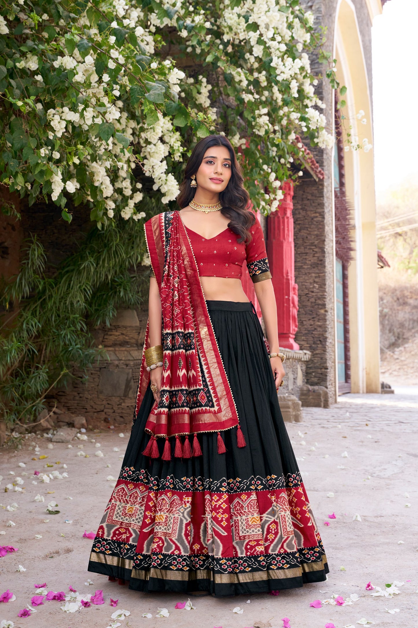 Patola Printed Black Tussar Silk Lehenga Set with Gotta Patti Dupatta