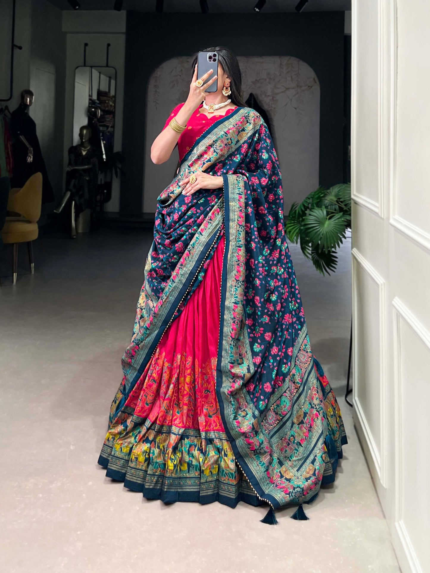 Pink Tussar Silk Lehenga Set with Printed Foil Work and Gotta Patti Dupatta
