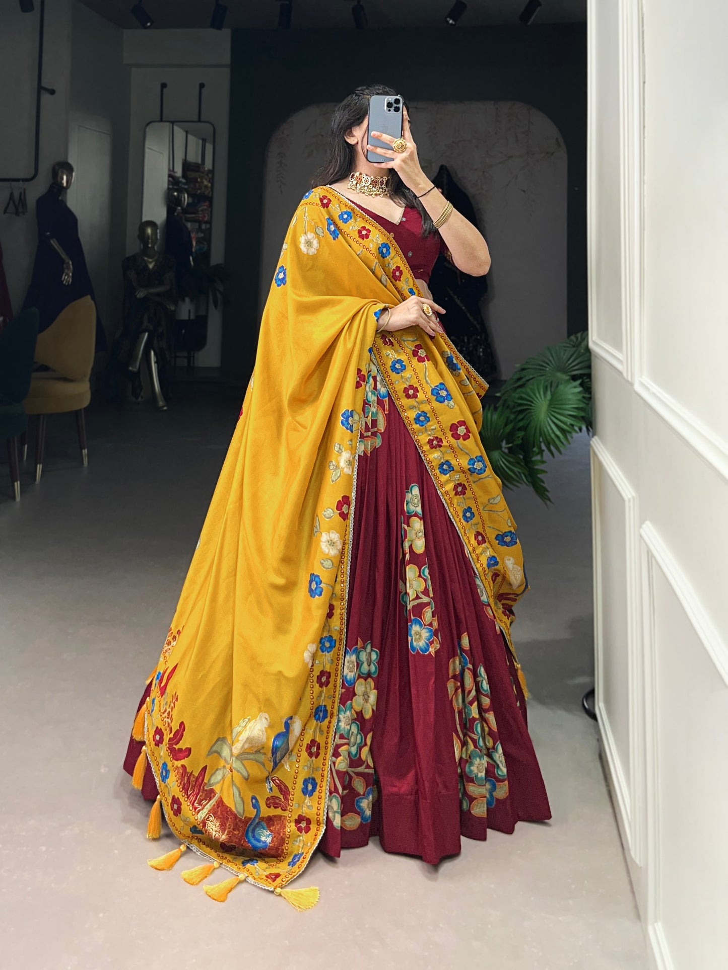 Maroon Tussar Silk Printed Lehenga Set with Foil Work and Gotta Patti Dupatta