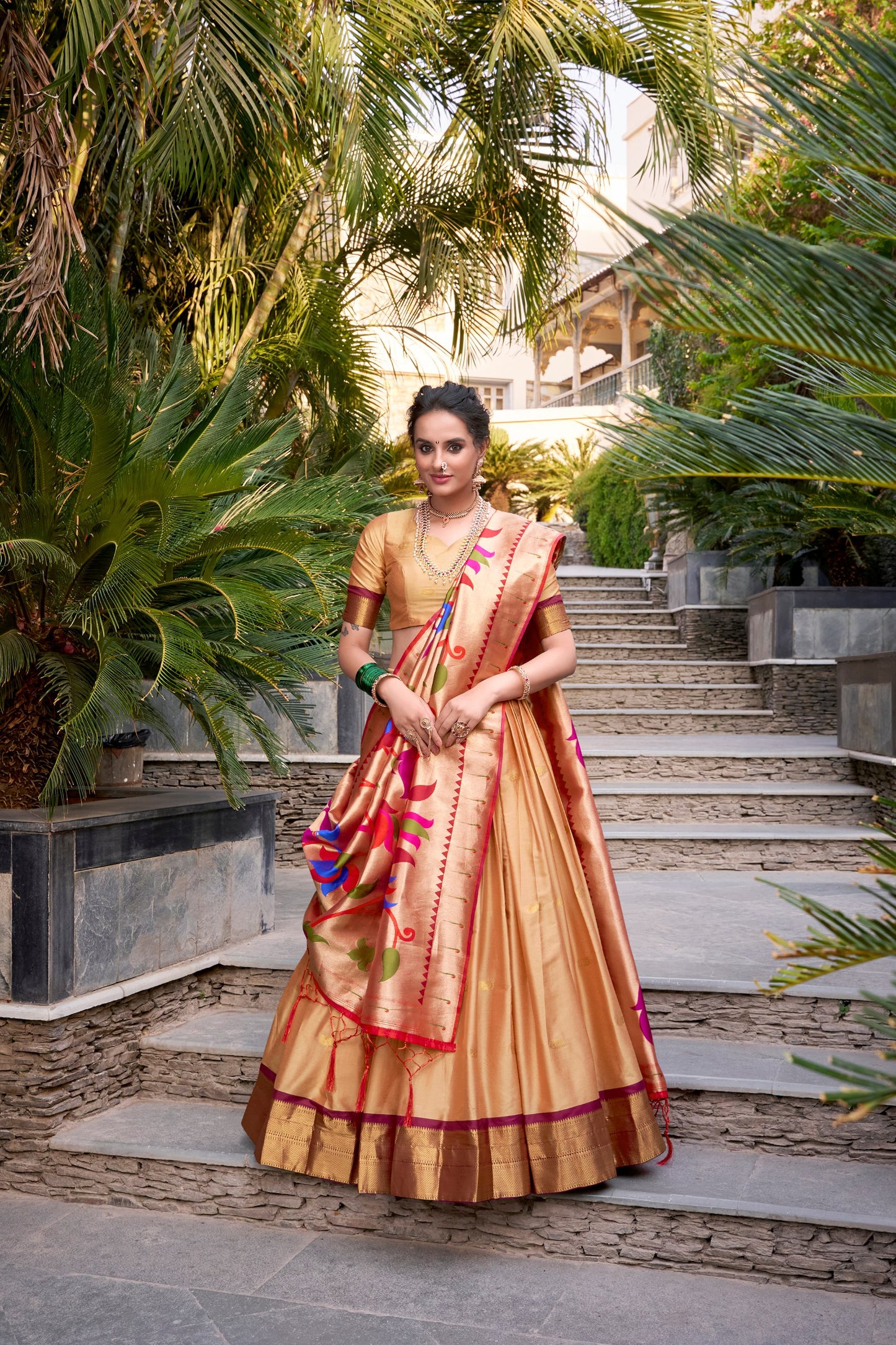 Chikoo Jacquard Silk Paithani Lehenga Set with Zari Weaving and Tassel Dupatta