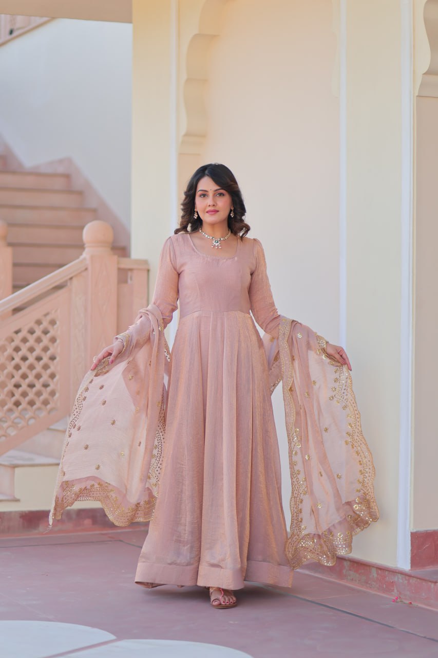 Peach Fendy Chiffon 12-Kali Anarkali Gown with Embroidered Cut-Work Dupatta