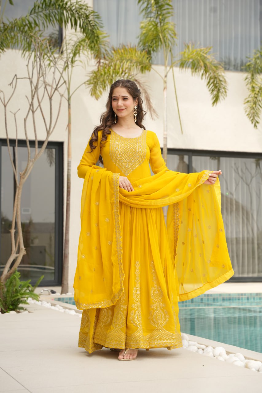 Yellow Fendy Chiffon 12-Kali Anarkali Gown with Embroidered Cut-Work Dupatta