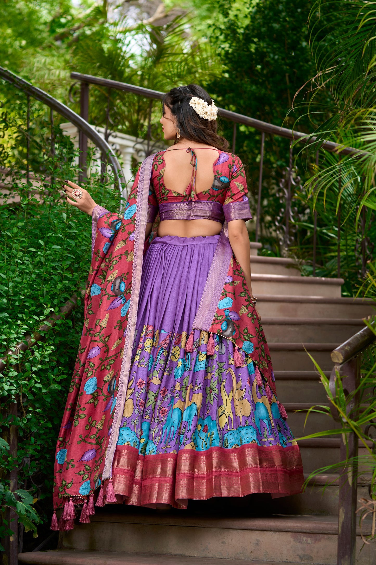 Lavender Kalamkari Dola Silk Lehenga Choli Set with Zari Borders