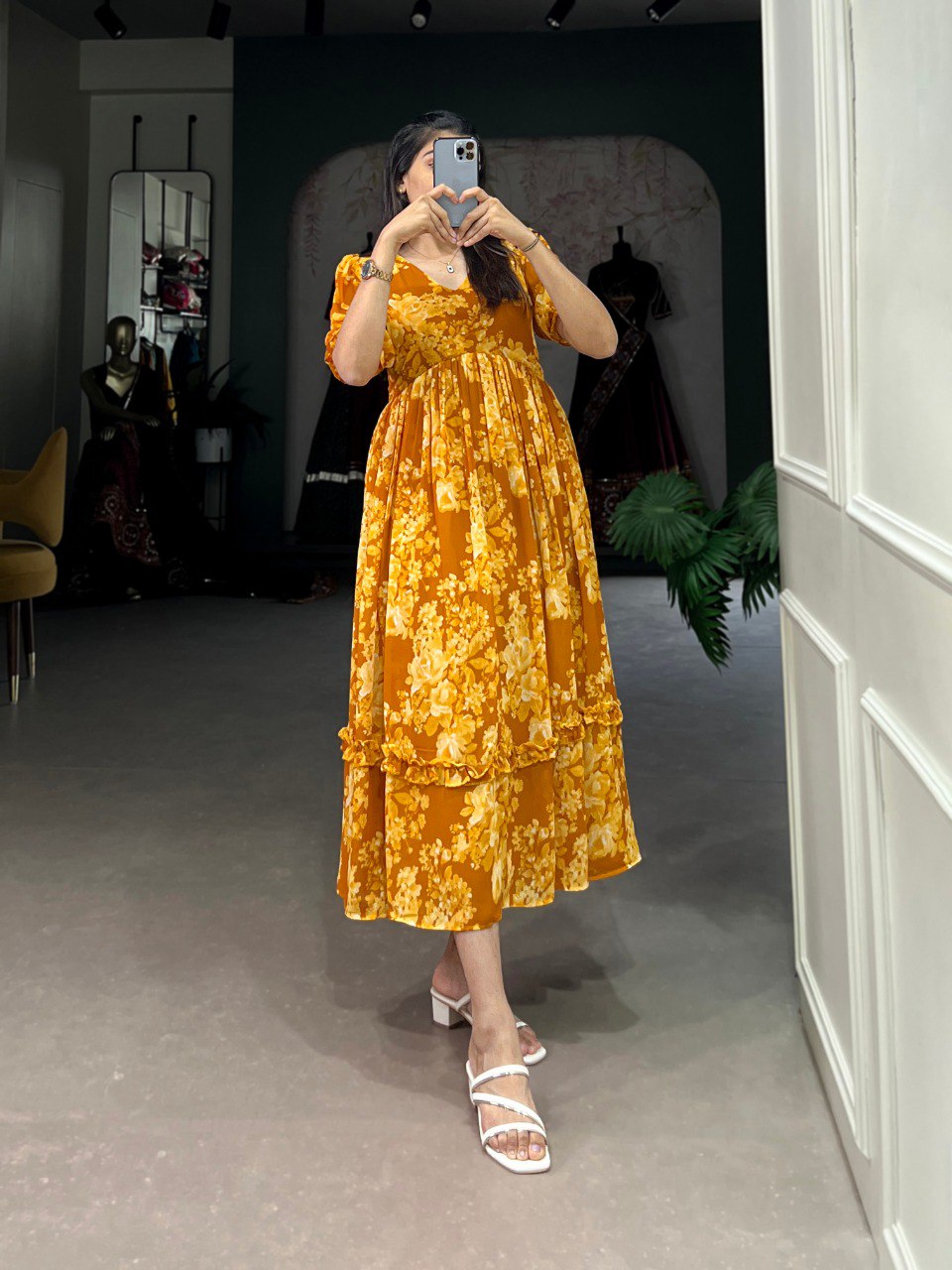 Yellow Floral Print Midi Dress with Puff Sleeves