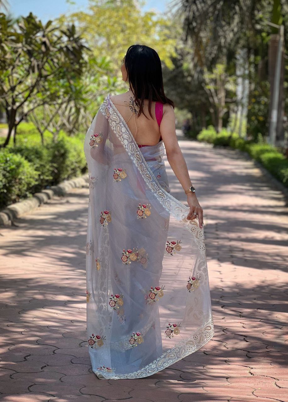 Beautiful Grey Color Designer Soft Silver Tissue Silk Saree