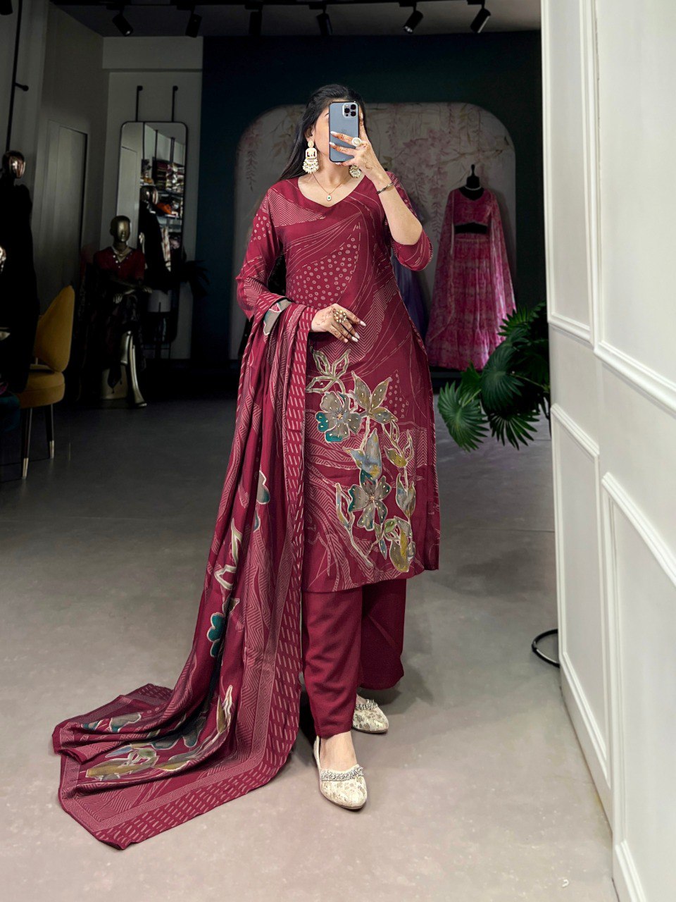 Roman Silk Salwar Suit Foral Print With Beets Handwork | Ready To Wear