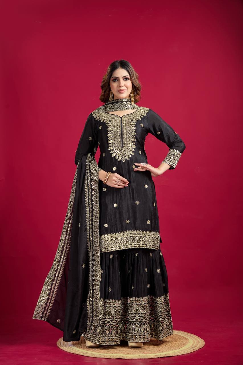 Black Chinnon Silk With Heavy Embroidery Sequence Work Top-Plazo And Dupatta Set