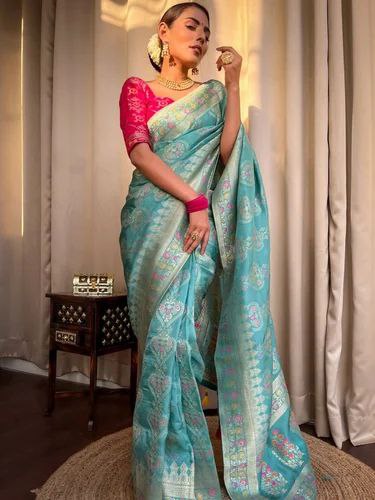 Sky Blue Floral Woven Banarasi Saree with Contrast Border