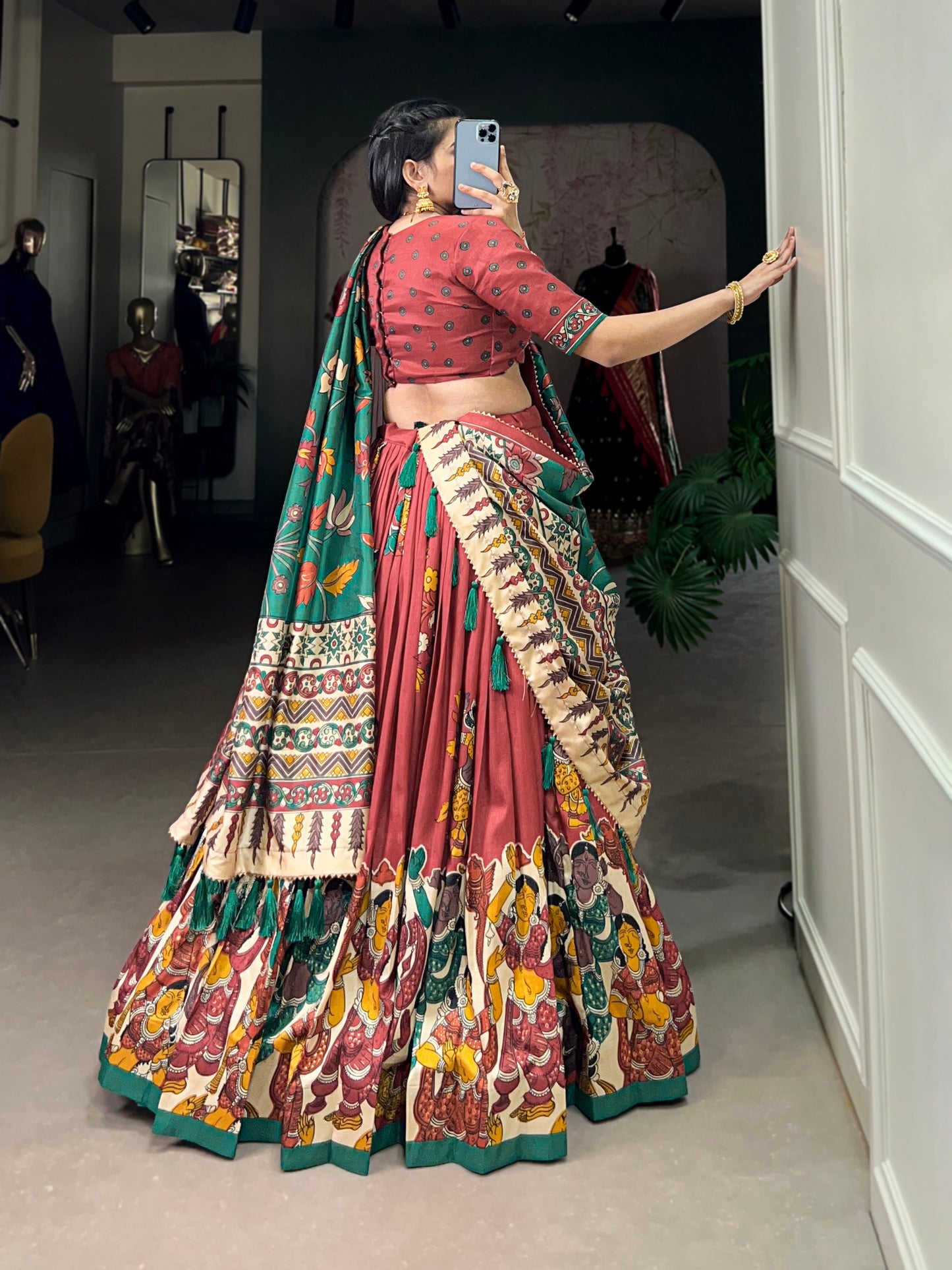 Light Maroon Tussar Silk Kalamkari Lehenga Set with Zari Weaving Border