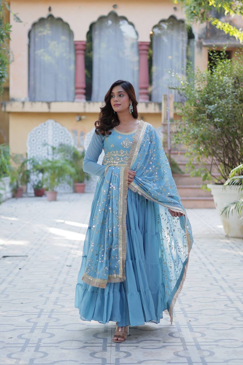 Sky Blue Georgette Readymade Suit With Dupatta