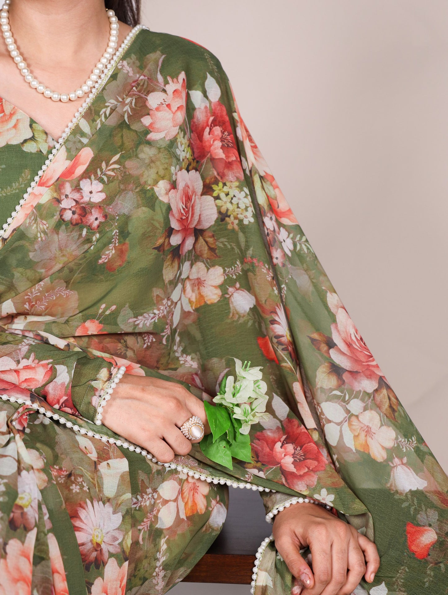 Mehendi Refined Beauty Weightless Marble Printed Saree with Pearl Lace Border