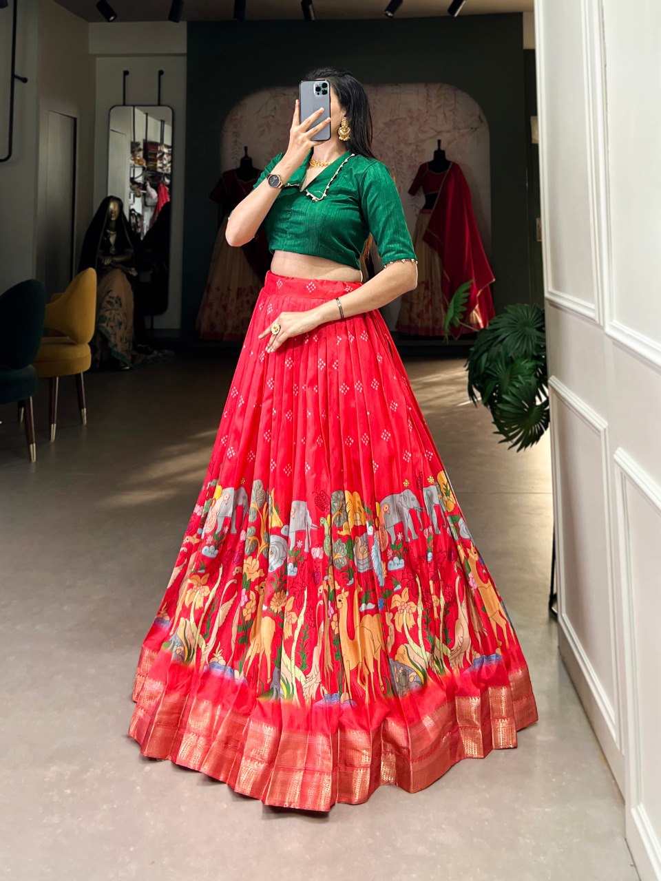 Red Timeless Elegance Dola Silk Kalamkari Lehenga Set