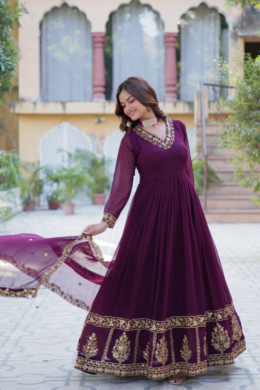 Dark Purple Elegant Faux Blooming Embroidered Gown with Dupatta