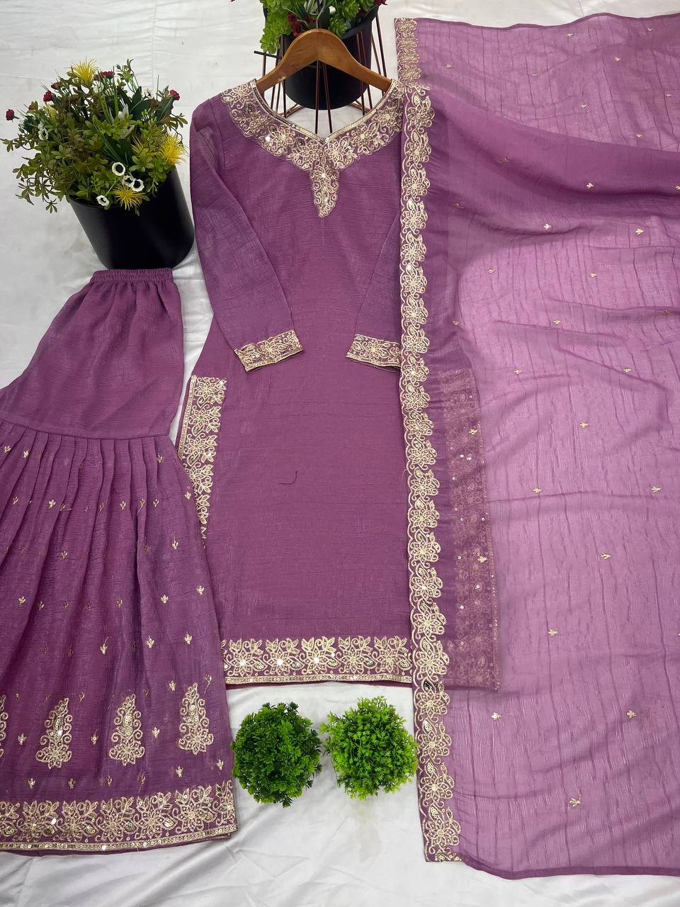 Elegant Lavender Heavy Crunchy Silk Sharara Suit with Embroidery Sequence Work | Fully Stitched Designer Ethnic Wear for Women