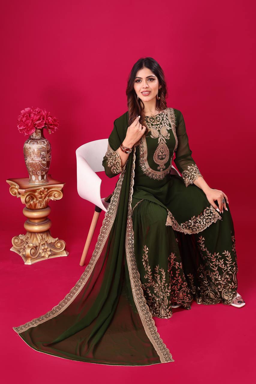 Blooming Faux Georgette Embroidered Green Co-Ord Set with Plazzo and Dupatta – Ready-to-Wear Ethnic Outfit for Women